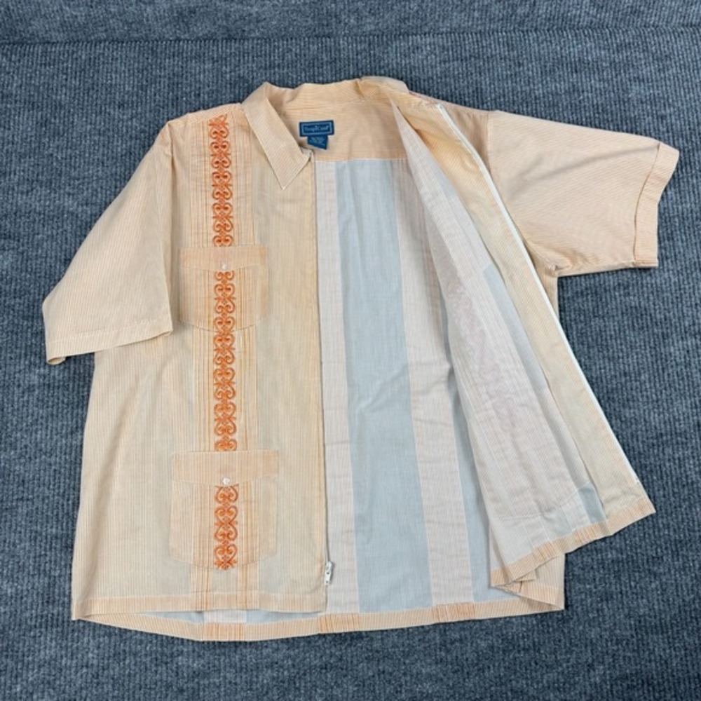Vtg Y2K Guayabera Shirt Mens 2XL Front Zip Pinstripe Retro Resort Cabana Camp